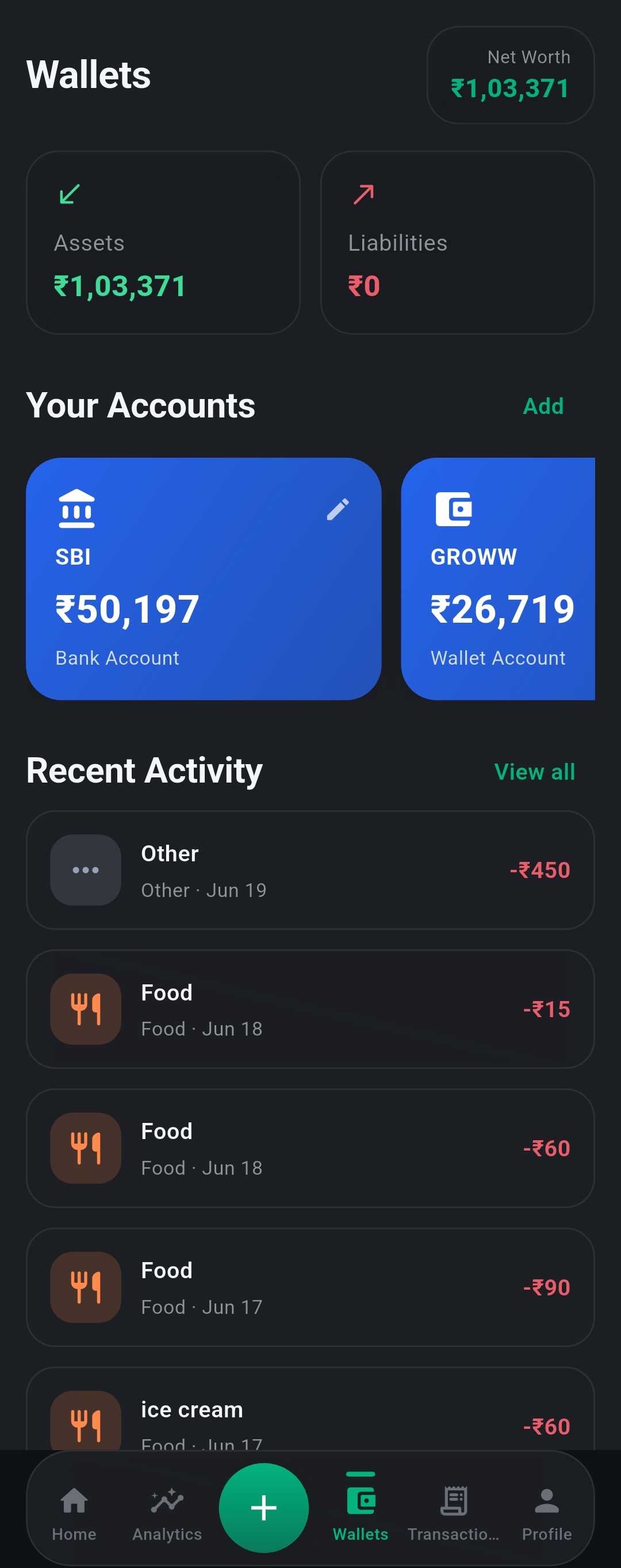 FlowFi wallets: net worth, assets and liabilities, connected accounts and recent activity